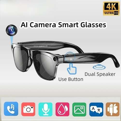 AI Smart Glasses with HD Camera 260mAh Battery Bluetooth Calling Voice Assistant Touch Control Music Player Waterproof for Outdoor Use Car Phone Dashboard Holder Leather Breathable and Seatbelt Set Black Sticky Steering Wheel Cover