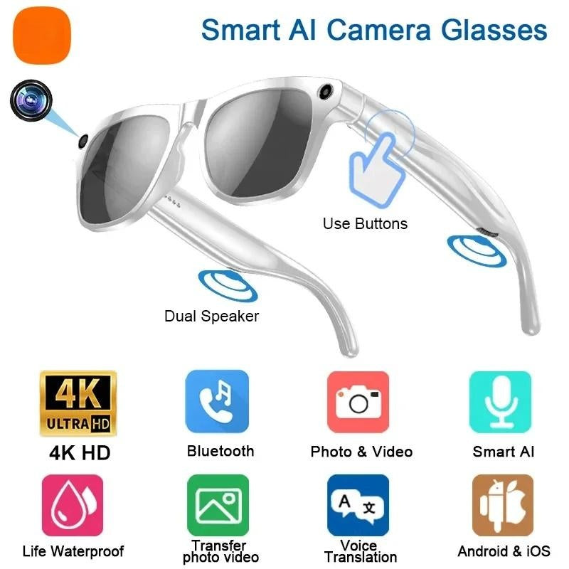 AI Smart Glasses with HD Camera 260mAh Battery Bluetooth Calling Voice Assistant Touch Control Music Player Waterproof for Outdoor Use Car Phone Dashboard Holder Leather Breathable and Seatbelt Set Black Sticky Steering Wheel Cover