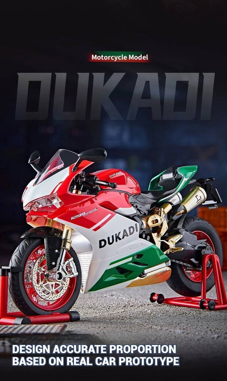 Suitable for Ducati 1:9 Alloy Electric Motorcycle Toy, Realistic Simulation Collectible Model with Mist Spray Function and Ignition