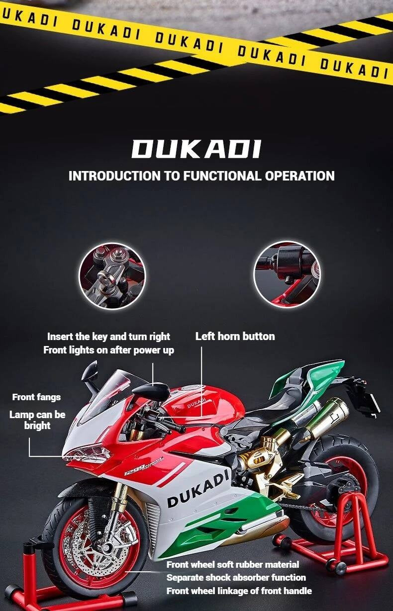 Suitable for Ducati 1:9 Alloy Electric Motorcycle Toy, Realistic Simulation Collectible Model with Mist Spray Function and Ignition