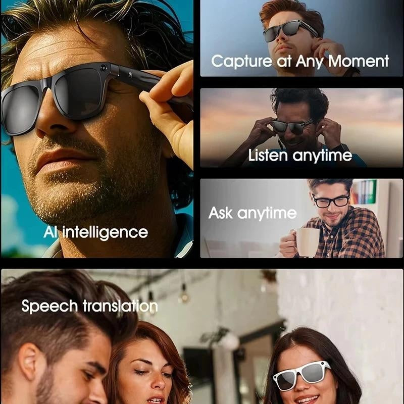 AI Smart Glasses with HD Camera 260mAh Battery Bluetooth Calling Voice Assistant Touch Control Music Player Waterproof for Outdoor Use Car Phone Dashboard Holder Leather Breathable and Seatbelt Set Black Sticky Steering Wheel Cover