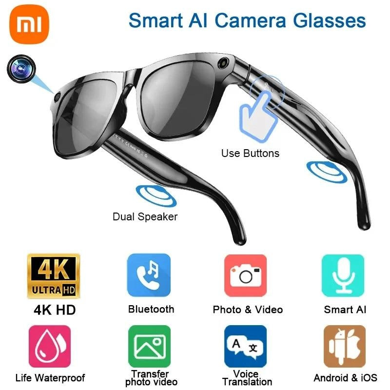 AI Smart Glasses with HD Camera 260mAh Battery Bluetooth Calling Voice Assistant Touch Control Music Player Waterproof for Outdoor Use Car Phone Dashboard Holder Leather Breathable and Seatbelt Set Black Sticky Steering Wheel Cover