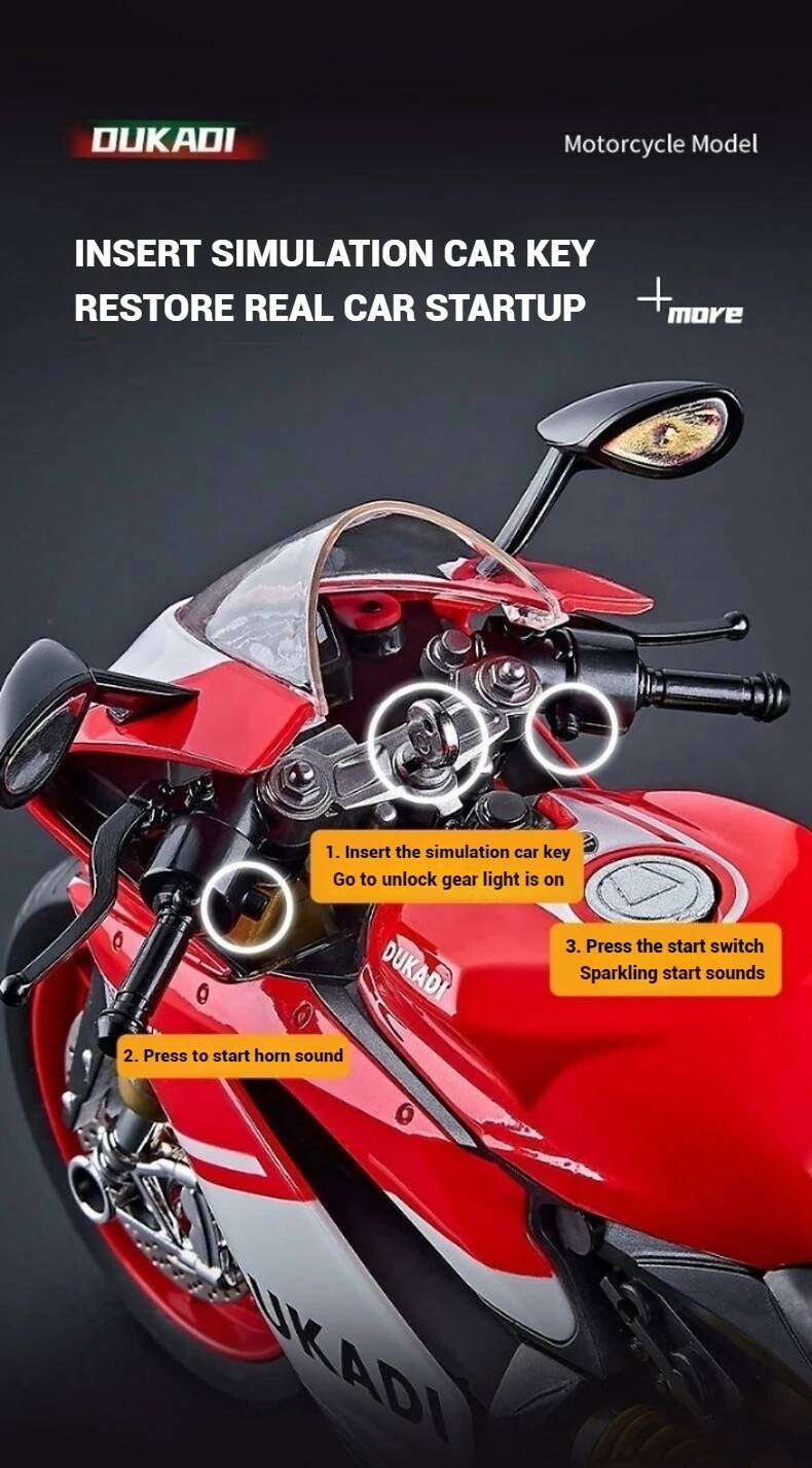 Suitable for Ducati 1:9 Alloy Electric Motorcycle Toy, Realistic Simulation Collectible Model with Mist Spray Function and Ignition