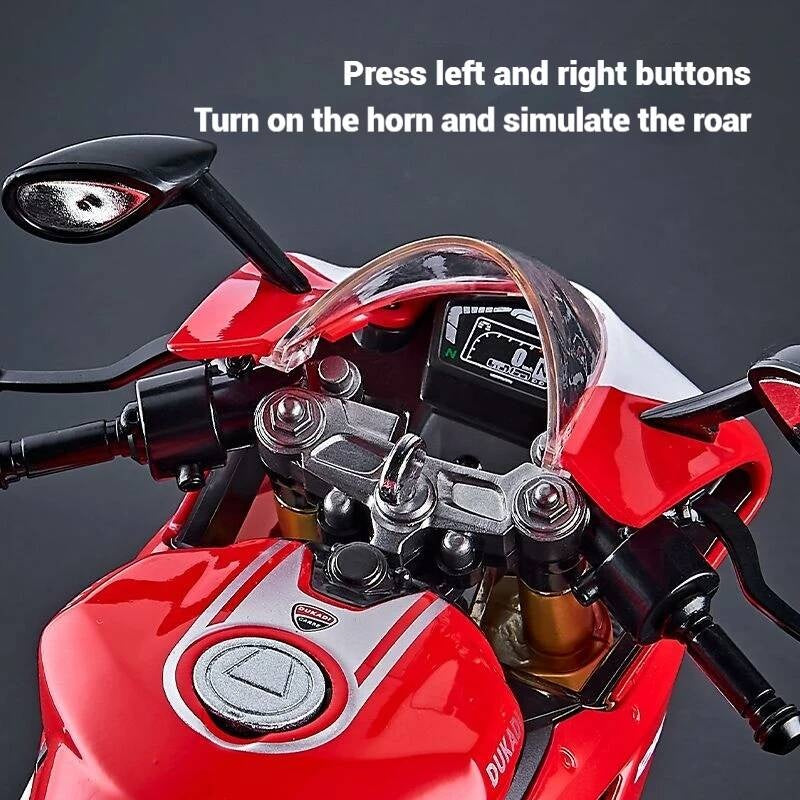 Suitable for Ducati 1:9 Alloy Electric Motorcycle Toy, Realistic Simulation Collectible Model with Mist Spray Function and Ignition