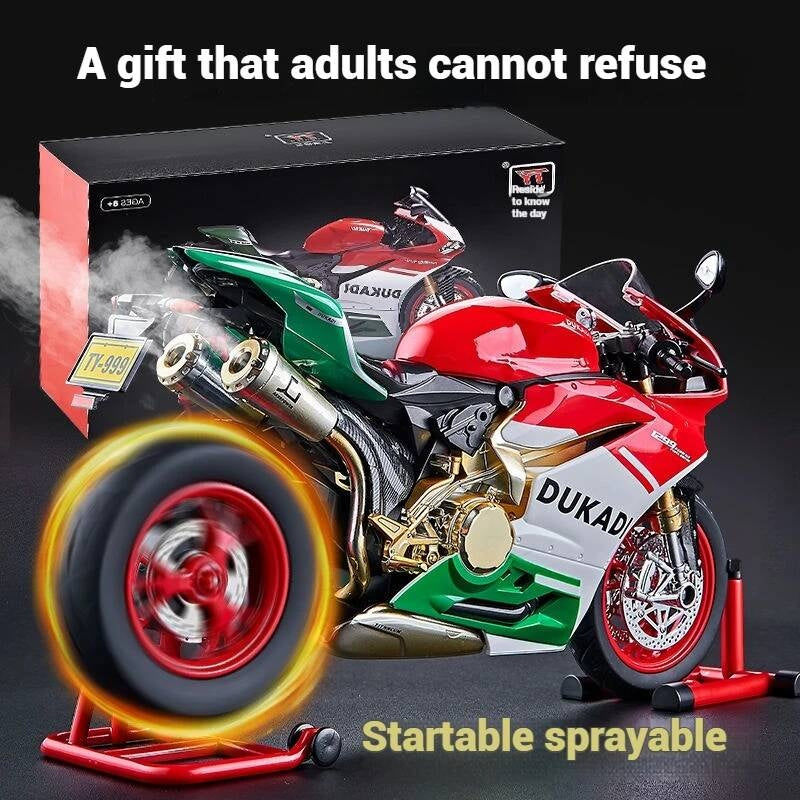 Suitable for Ducati 1:9 Alloy Electric Motorcycle Toy, Realistic Simulation Collectible Model with Mist Spray Function and Ignition