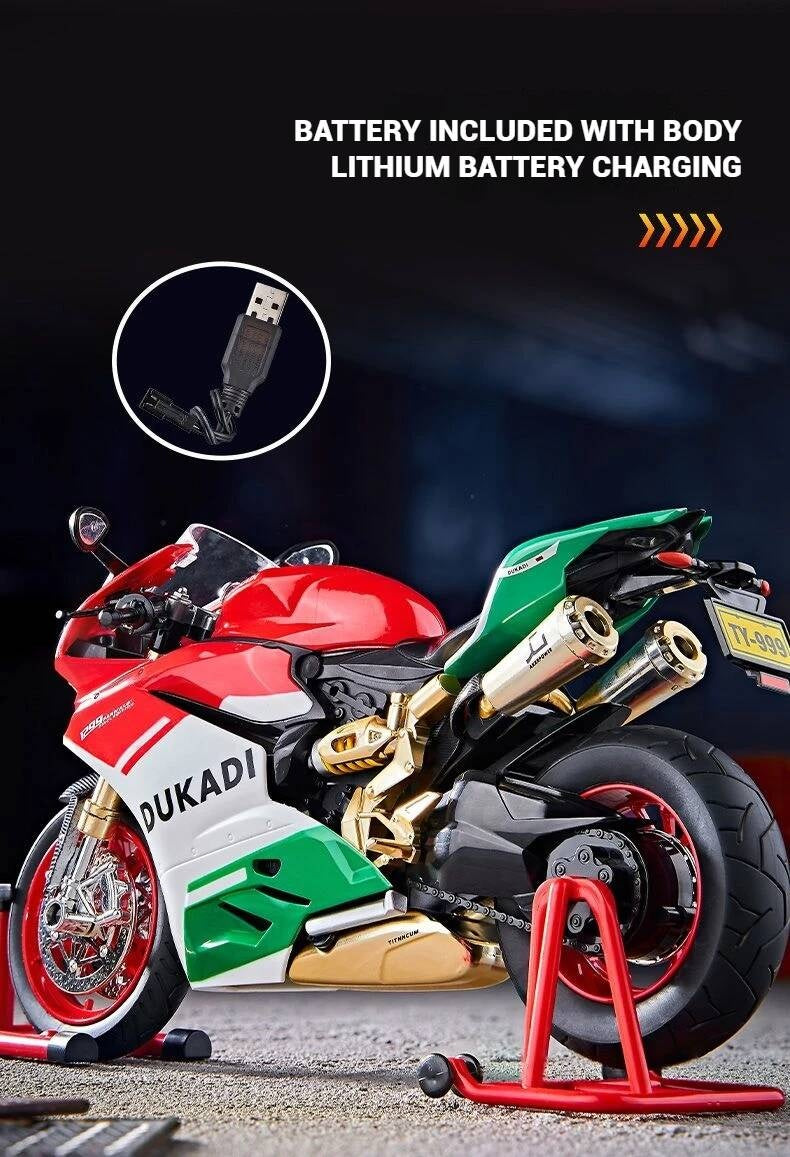 Suitable for Ducati 1:9 Alloy Electric Motorcycle Toy, Realistic Simulation Collectible Model with Mist Spray Function and Ignition