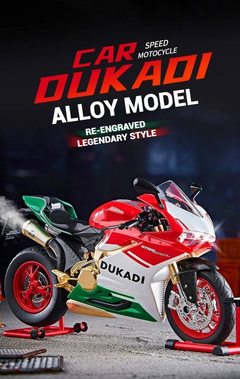 Suitable for Ducati 1:9 Alloy Electric Motorcycle Toy, Realistic Simulation Collectible Model with Mist Spray Function and Ignition