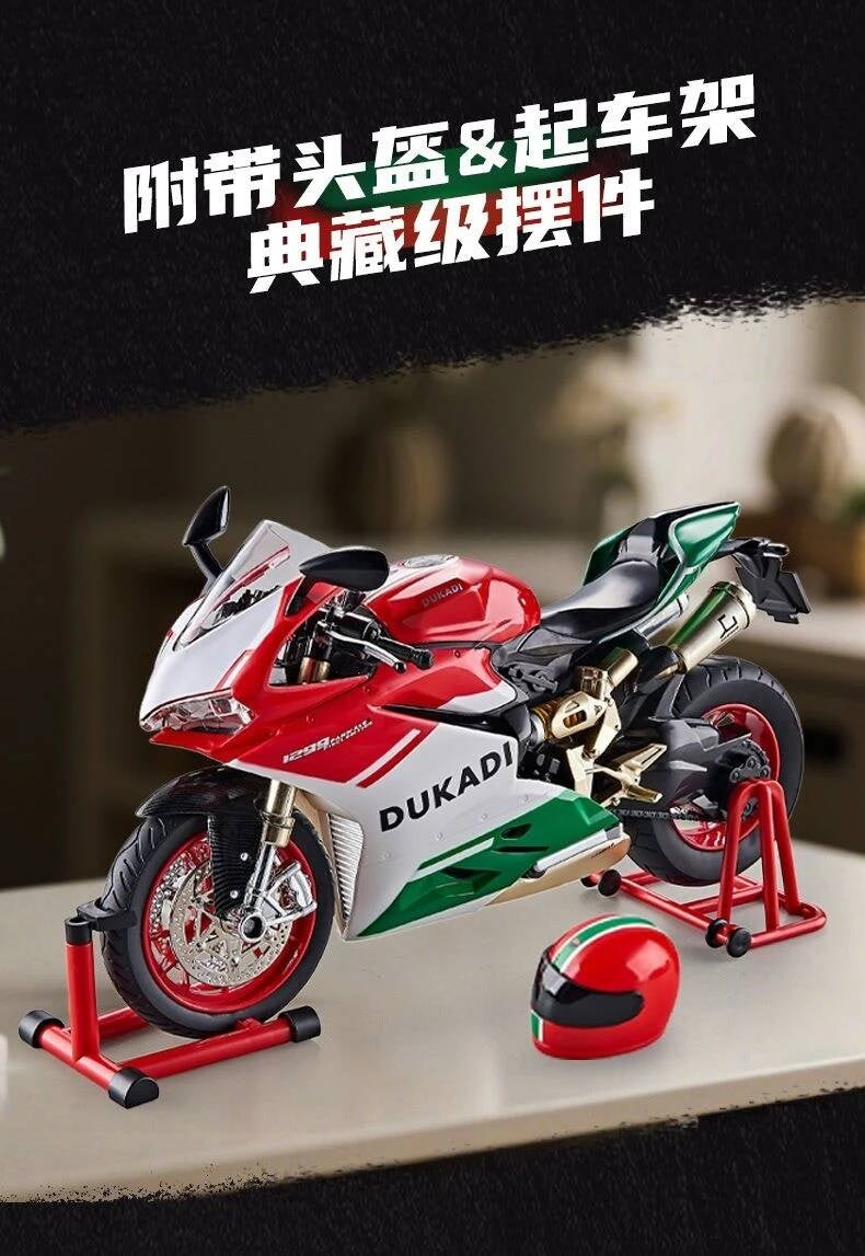 Suitable for Ducati 1:9 Alloy Electric Motorcycle Toy, Realistic Simulation Collectible Model with Mist Spray Function and Ignition