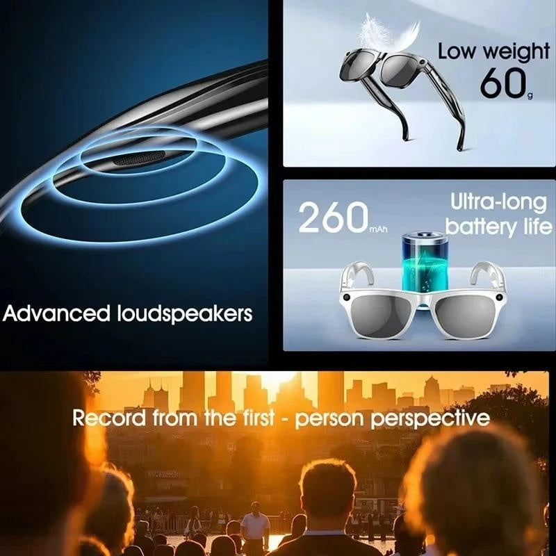 AI Smart Glasses with HD Camera 260mAh Battery Bluetooth Calling Voice Assistant Touch Control Music Player Waterproof for Outdoor Use Car Phone Dashboard Holder Leather Breathable and Seatbelt Set Black Sticky Steering Wheel Cover