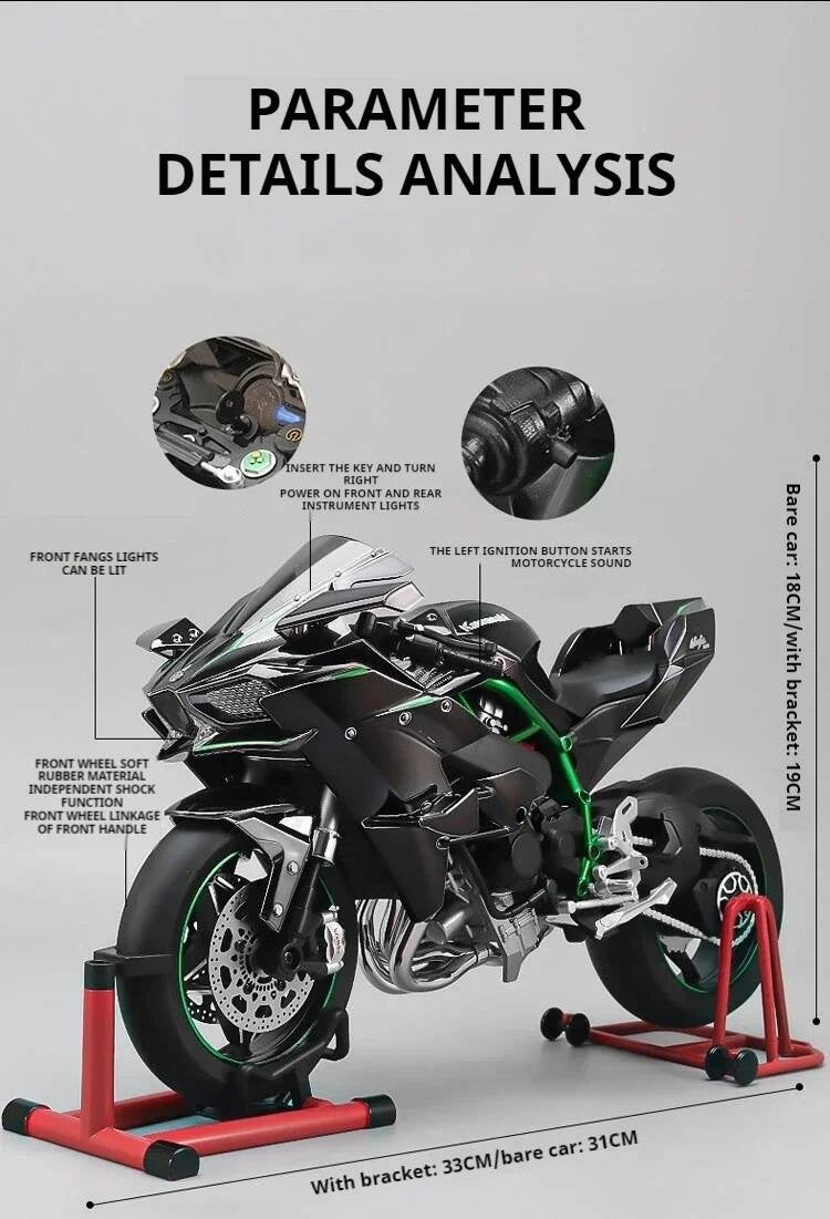 Ignition Start SuPer-Large high-End Spray Dynamic1:6 Kawasaki h2r Simulation Locomotive Motorcycle Alloy Car Model Oversized Toy