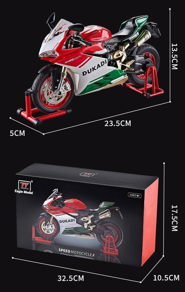 Suitable for Ducati 1:9 Alloy Electric Motorcycle Toy, Realistic Simulation Collectible Model with Mist Spray Function and Ignition