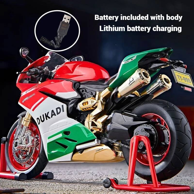 Suitable for Ducati 1:9 Alloy Electric Motorcycle Toy, Realistic Simulation Collectible Model with Mist Spray Function and Ignition
