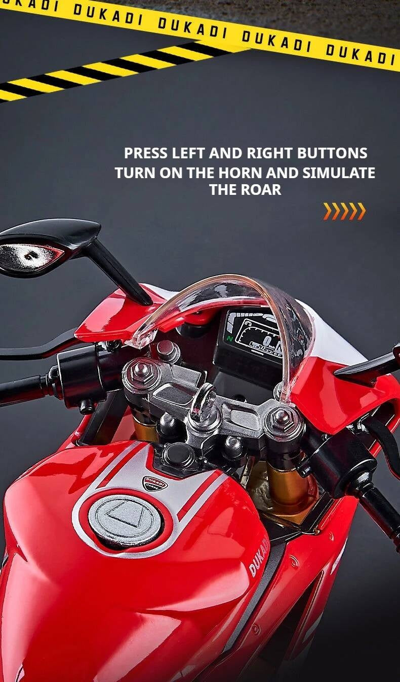 Suitable for Ducati 1:9 Alloy Electric Motorcycle Toy, Realistic Simulation Collectible Model with Mist Spray Function and Ignition