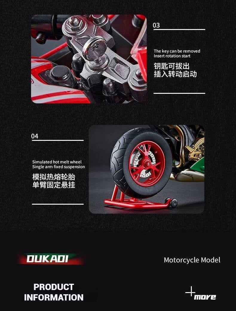 Suitable for Ducati 1:9 Alloy Electric Motorcycle Toy, Realistic Simulation Collectible Model with Mist Spray Function and Ignition
