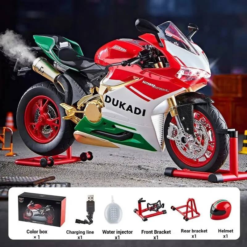 Suitable for Ducati 1:9 Alloy Electric Motorcycle Toy, Realistic Simulation Collectible Model with Mist Spray Function and Ignition