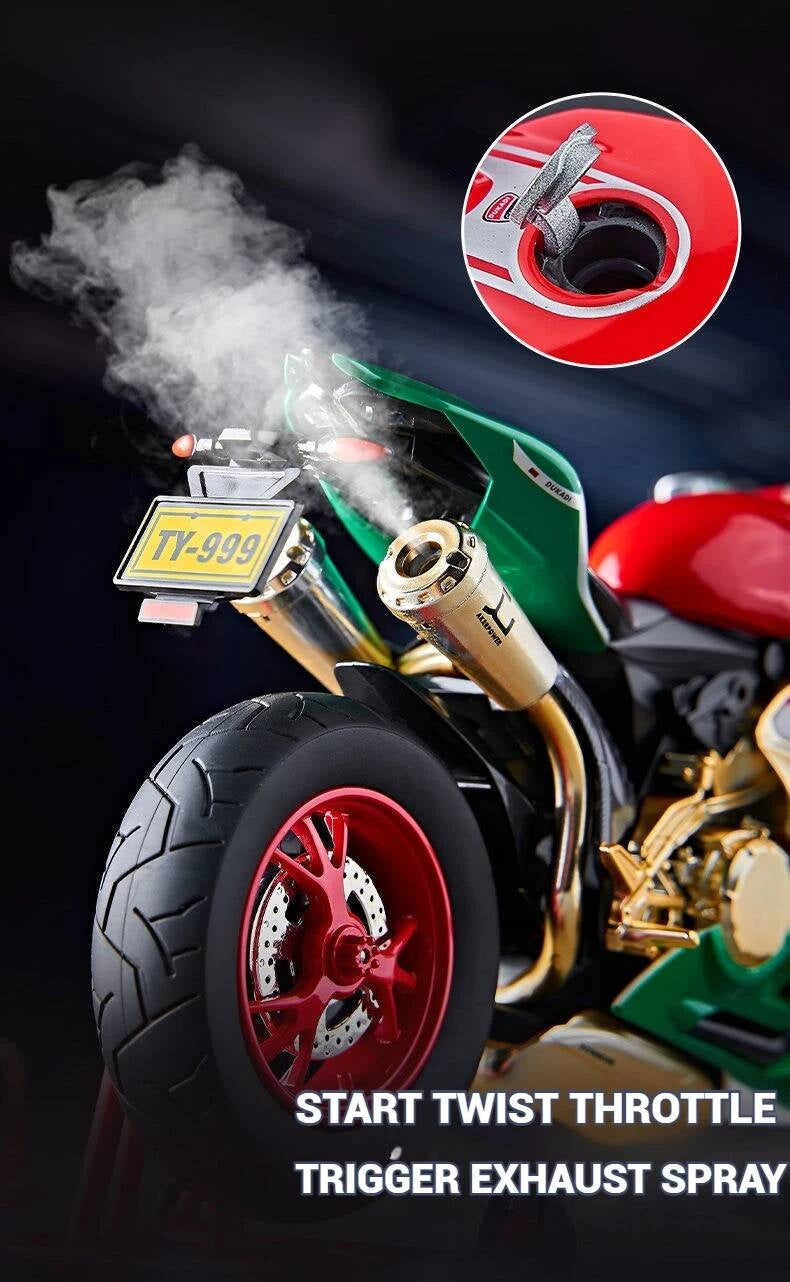 Suitable for Ducati 1:9 Alloy Electric Motorcycle Toy, Realistic Simulation Collectible Model with Mist Spray Function and Ignition