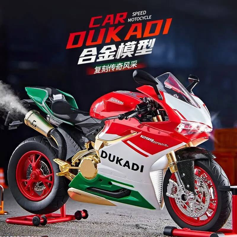 Suitable for Ducati 1:9 Alloy Electric Motorcycle Toy, Realistic Simulation Collectible Model with Mist Spray Function and Ignition