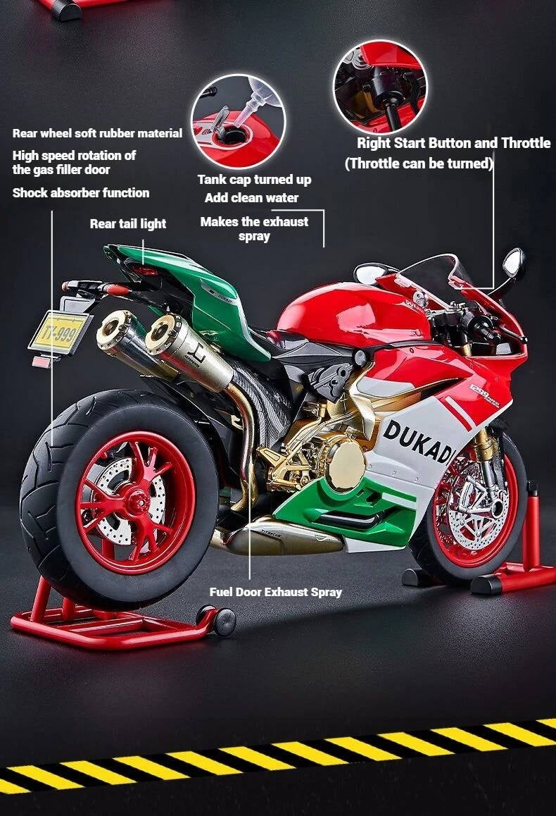 Suitable for Ducati 1:9 Alloy Electric Motorcycle Toy, Realistic Simulation Collectible Model with Mist Spray Function and Ignition