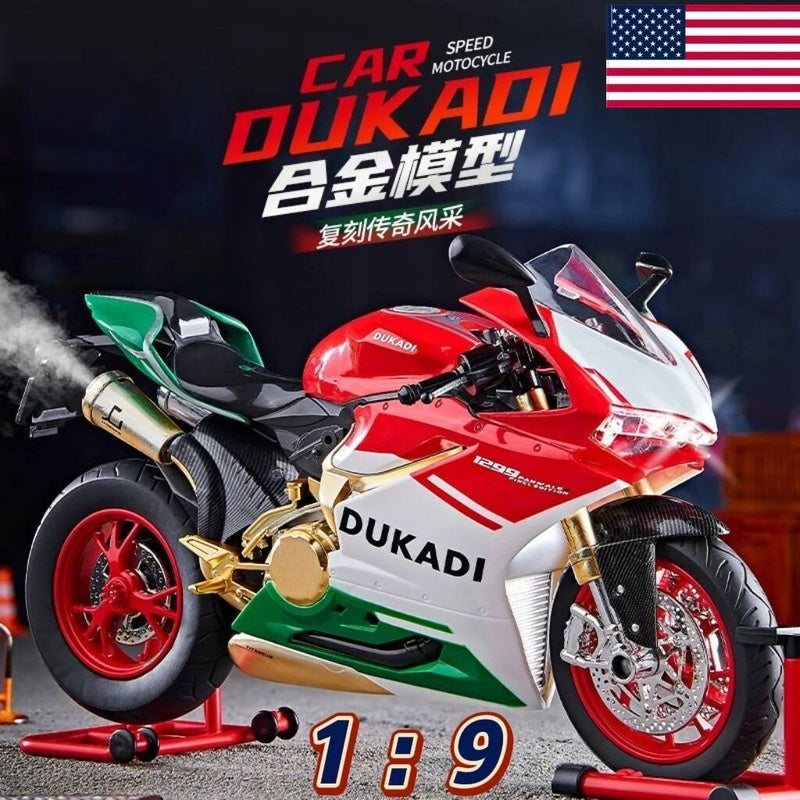 Suitable for Ducati 1:9 Alloy Electric Motorcycle Toy, Realistic Simulation Collectible Model with Mist Spray Function and Ignition