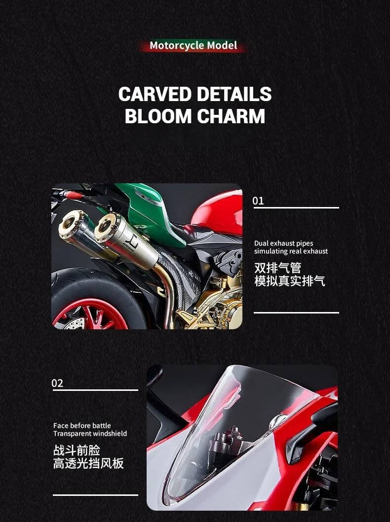 Suitable for Ducati 1:9 Alloy Electric Motorcycle Toy, Realistic Simulation Collectible Model with Mist Spray Function and Ignition