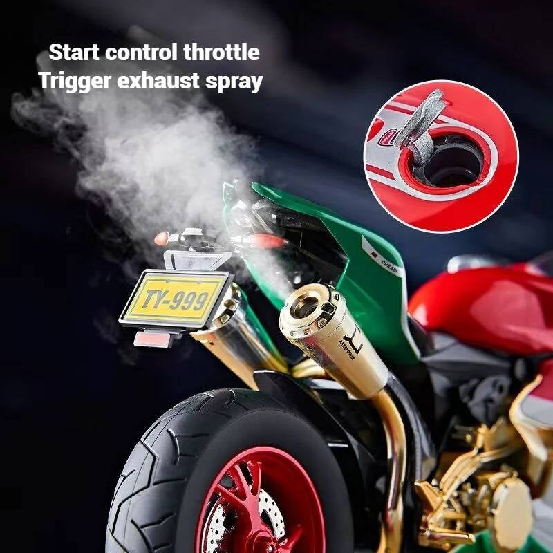 Suitable for Ducati 1:9 Alloy Electric Motorcycle Toy, Realistic Simulation Collectible Model with Mist Spray Function and Ignition